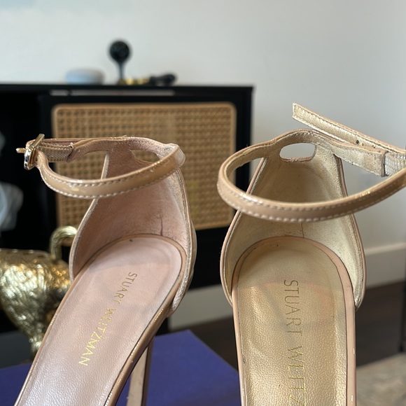 Stuart Weitzman Nude Nudistsong Heel Ankle Strap Patent Leather Sandals  Beige - Picture 11 of 17